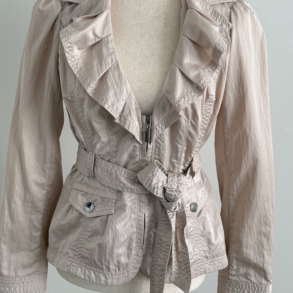 White House Black Market Tan belted jacket with Ruffle Neckline/Shimmery